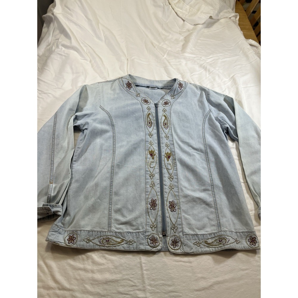 Vintage Adrian Delafield Haband Embroidered Chambray Denim Zip Jacket Women M/L